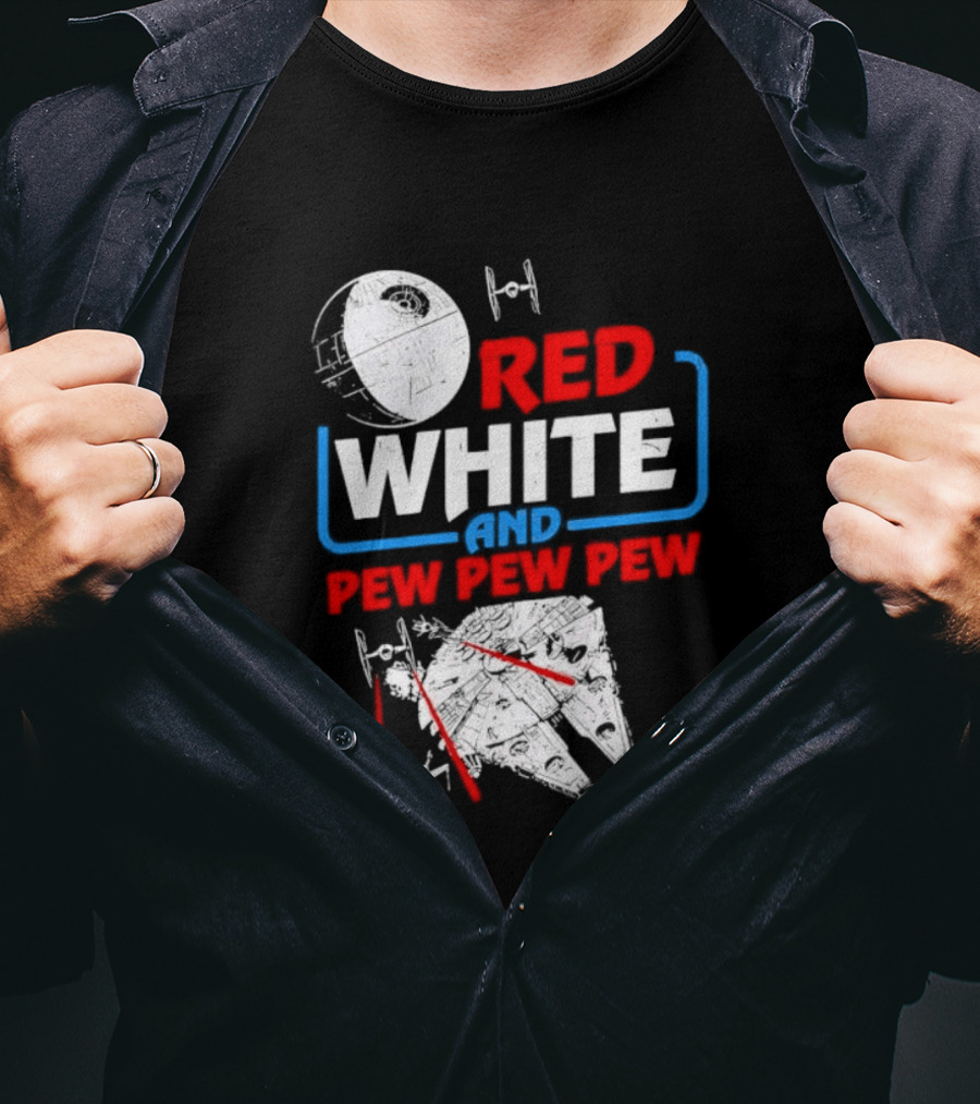 Star Wars Millennium Falcon Red White And Pew Pew Pew Death Star Tie Fighter T-Shirt