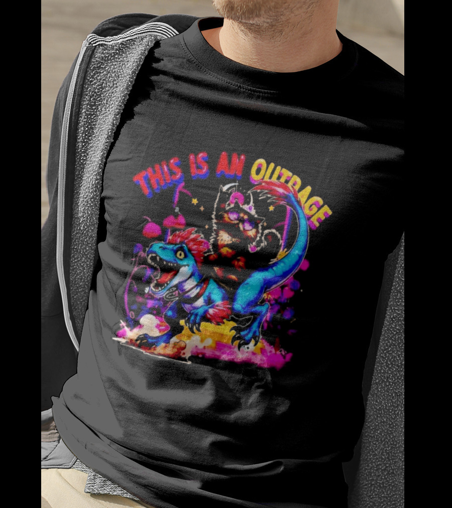 This Is An Outrage Cat Riding Blue Raptor Dinosaur Jurassic T-Shirt