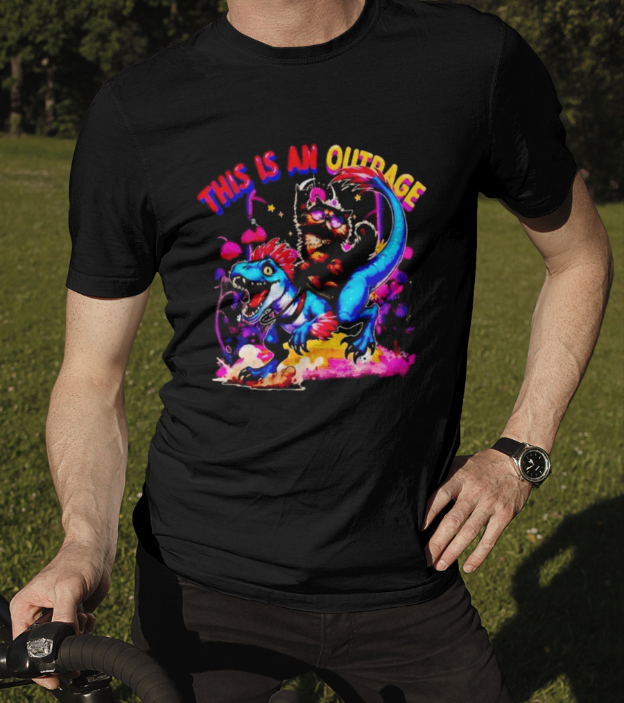 This Is An Outrage Cat Riding Blue Raptor Dinosaur Jurassic T-Shirt