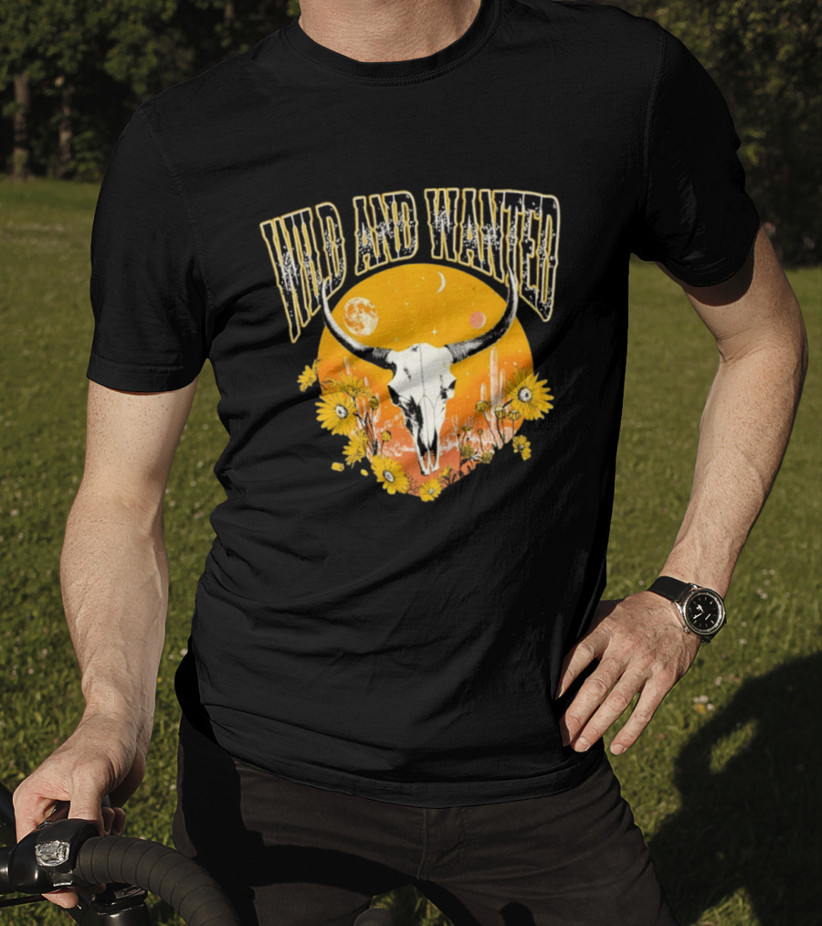 Wild And Wanted Bull Skull Sun Moon Desert Cactus Flowers Western Boho T-Shirt