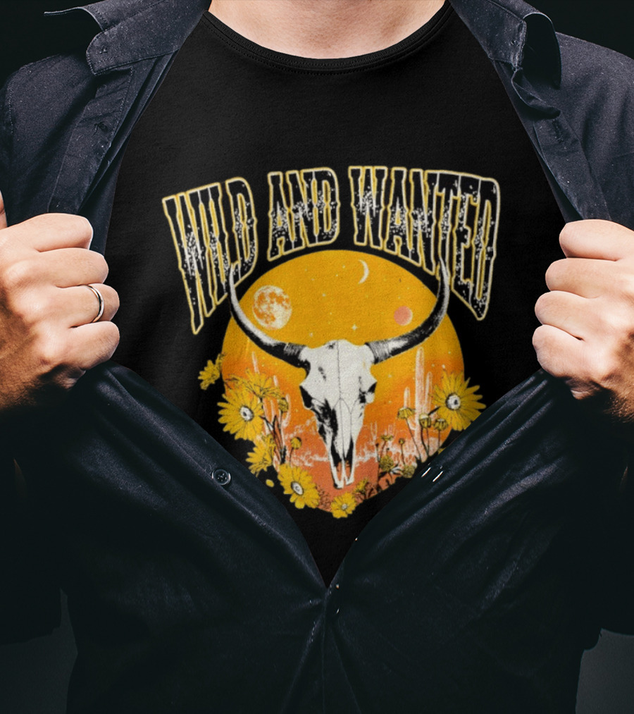 Wild And Wanted Bull Skull Sun Moon Desert Cactus Flowers Western Boho T-Shirt