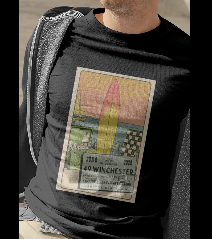49 Winchester Live In Concert June 06 2026 Hampton Beach Casino Ballroom NH Appearing With Marfa Surfboard Ice Cooler Beach Scene T-Shirt