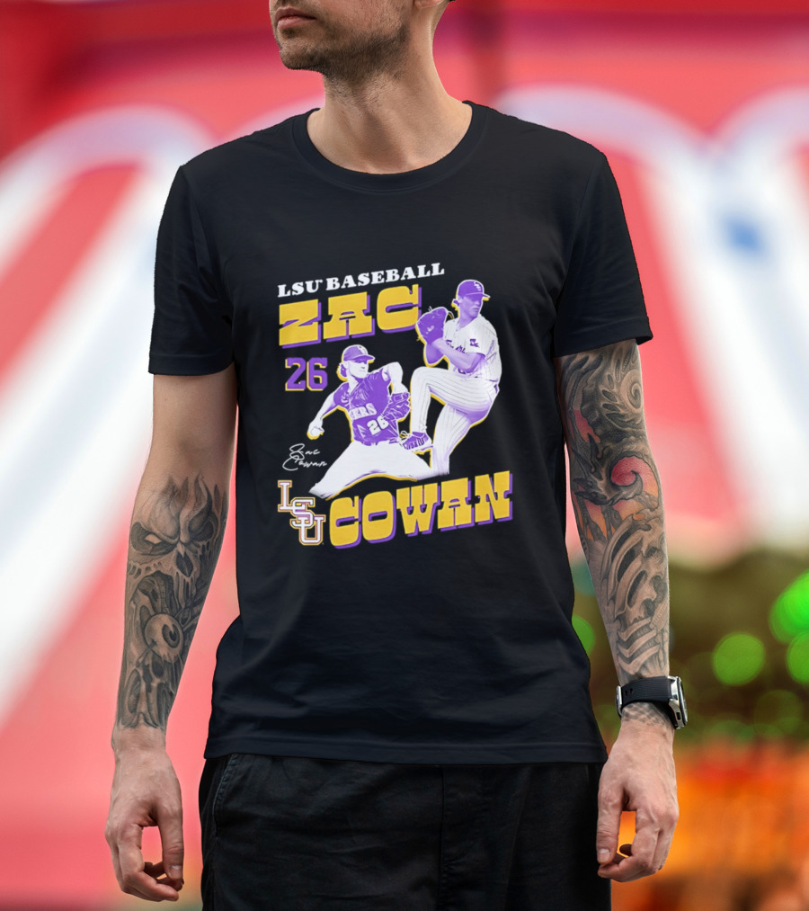 LSU Baseball Zac Cowan 26 Pitching Action Pose T-Shirt