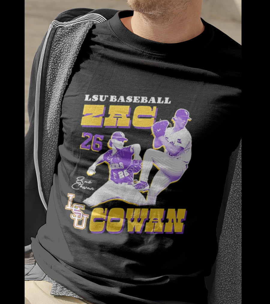 LSU Baseball Zac Cowan 26 Pitching Action Pose T-Shirt