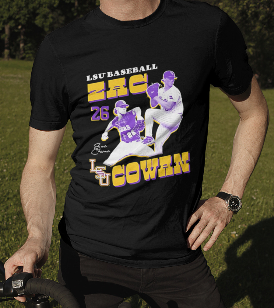 LSU Baseball Zac Cowan 26 Pitching Action Pose T-Shirt