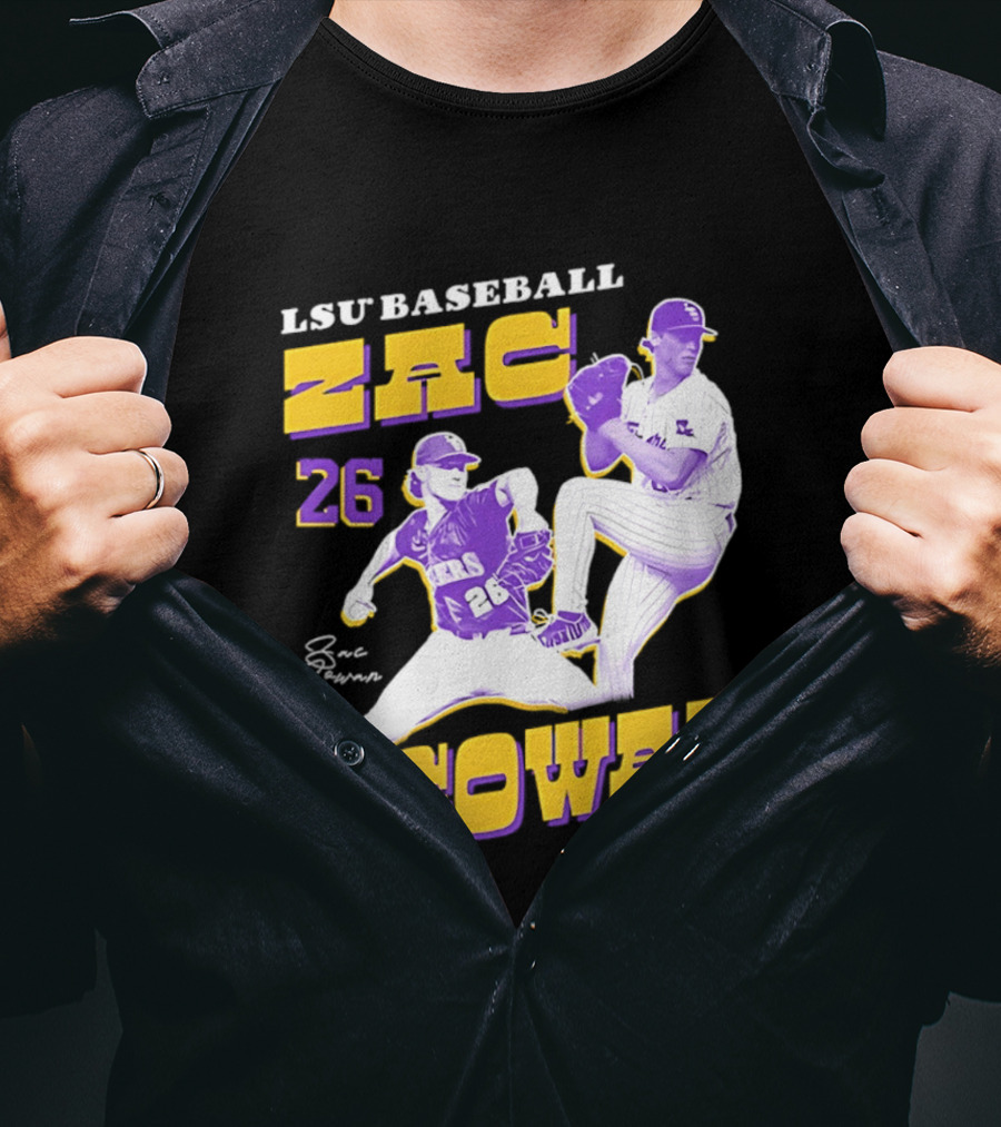 LSU Baseball Zac Cowan 26 Pitching Action Pose T-Shirt