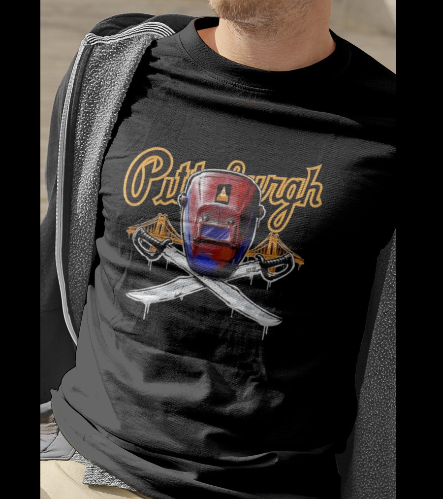 Pittsburgh Welding Mask Crossed Swords Bridge City Steel Construction Cone T-Shirt