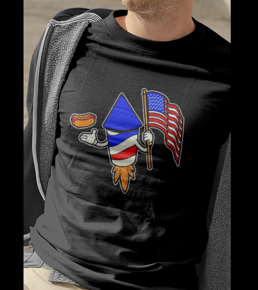 Fireworks Rocket American Flag And Hot Dog Celebration T-Shirt