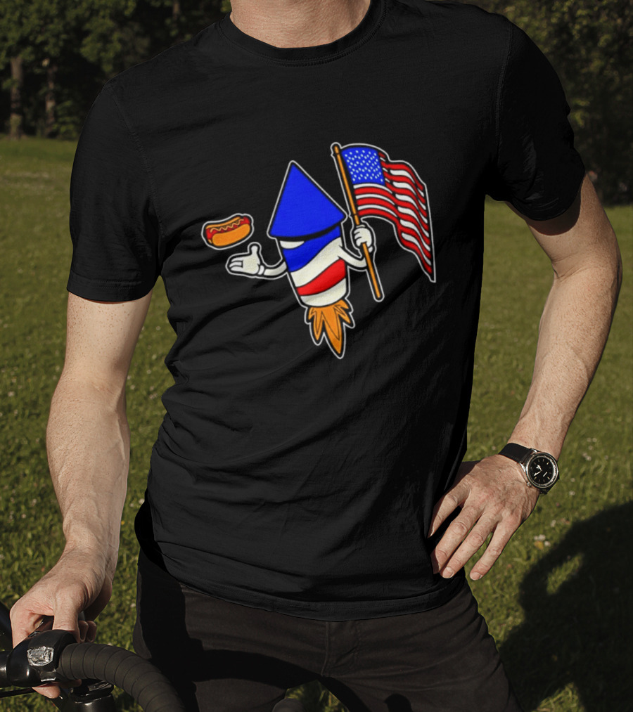 Fireworks Rocket American Flag And Hot Dog Celebration T-Shirt