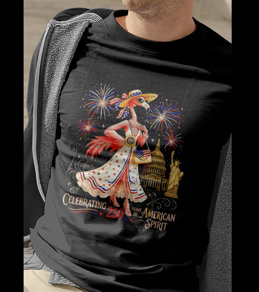 Celebrating 250 Years Of American Spirit Flamingo Statue Of Liberty Capitol Fireworks T-Shirt