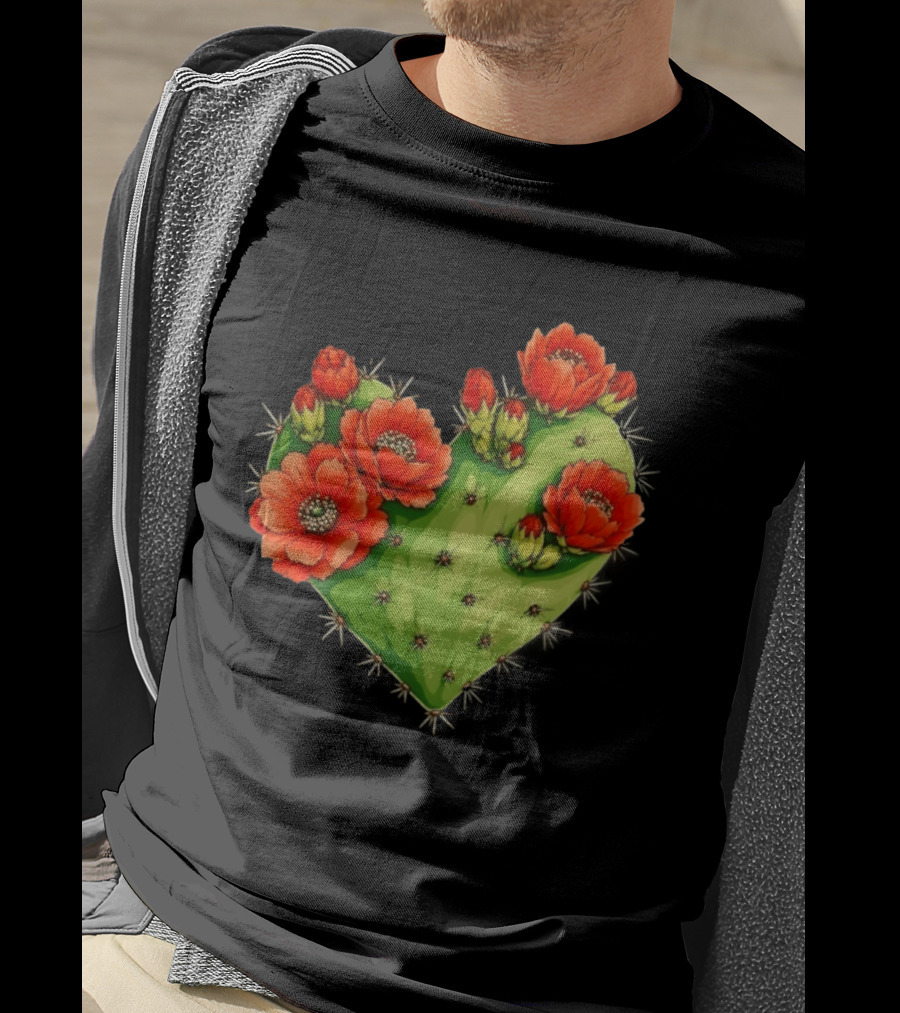 Heart Shaped Cactus With Vibrant Red Flowers T-Shirt
