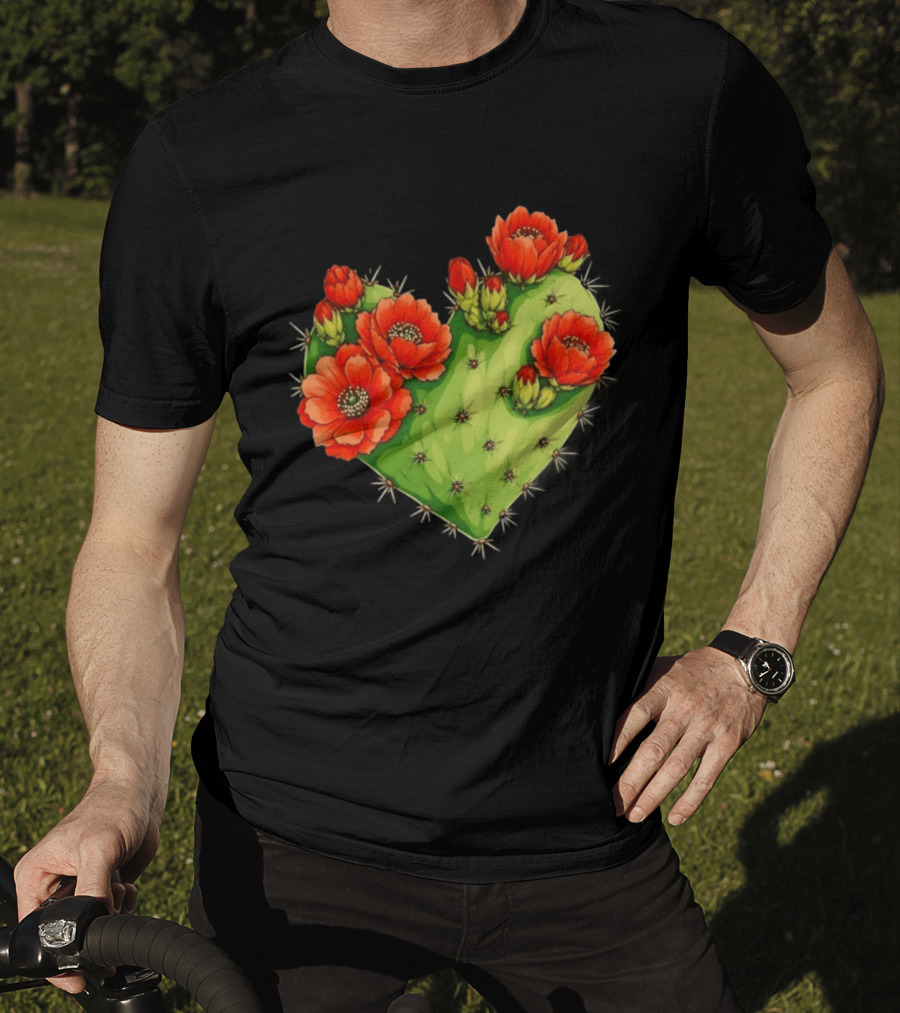 Heart Shaped Cactus With Vibrant Red Flowers T-Shirt