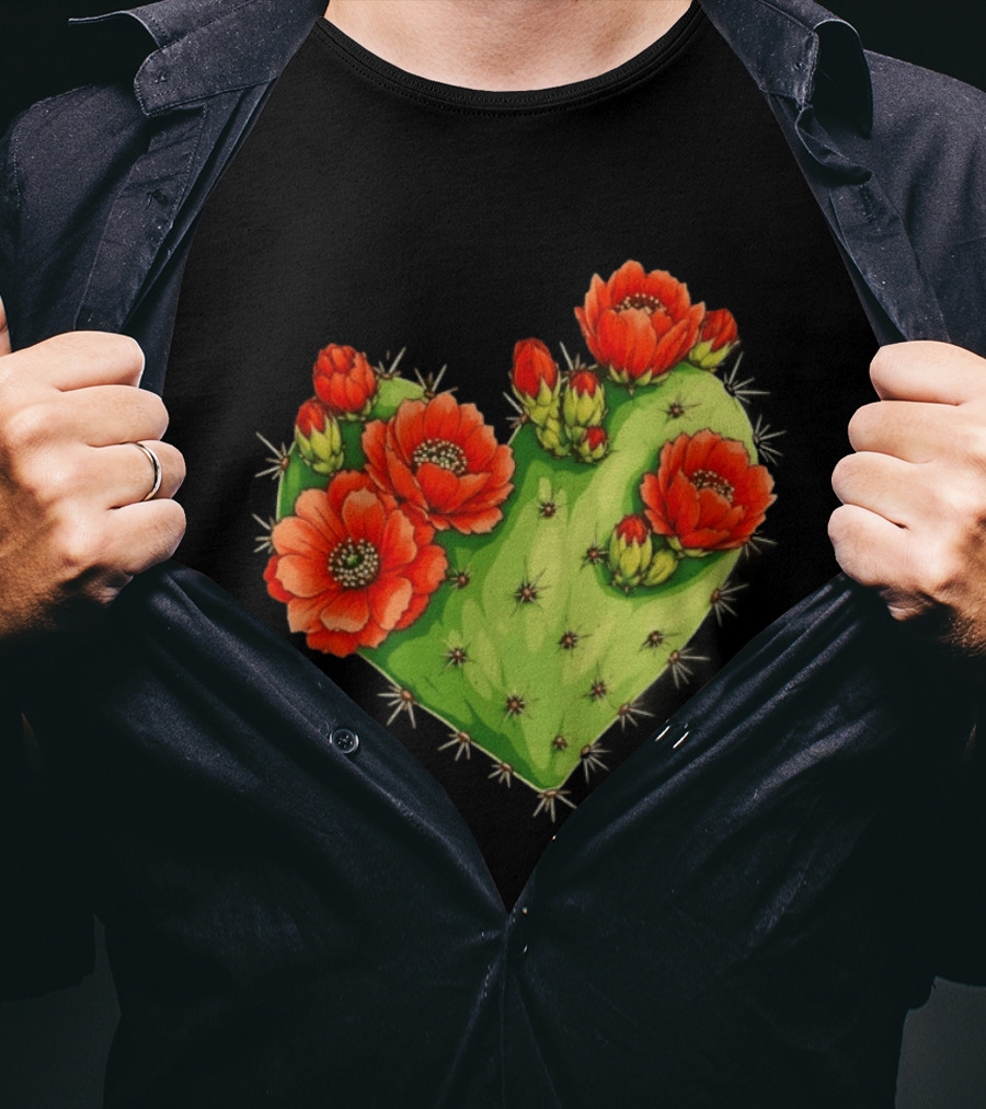 Heart Shaped Cactus With Vibrant Red Flowers T-Shirt