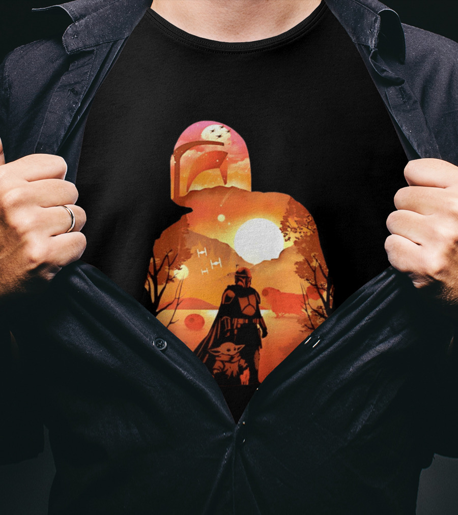 Hunting Companions Bounty Hunter Sunset Mandalorian Grogu Art By Dandingeroz T-Shirt