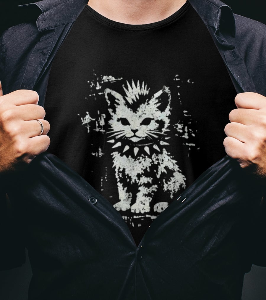 Punk Rock Cat Mohawk And Studded Collar T-Shirt