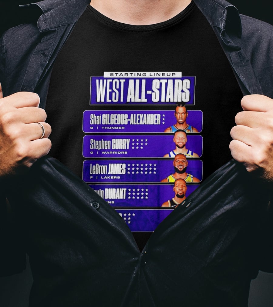 Starting Lineup West All Stars Shai Gilgeous Alexander Stephen Curry LeBron James Kevin Durant Nikola Jokic T-Shirt