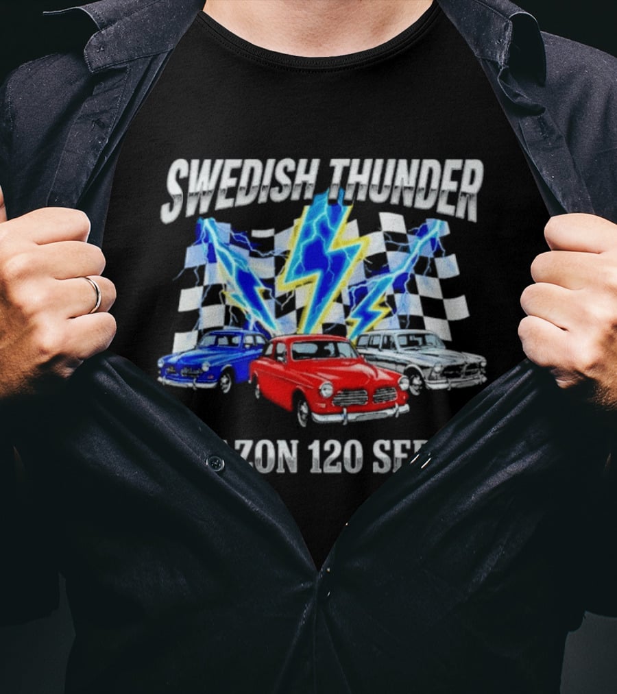 Swedish Thunder Amazon 120 Series Classic Car With Lightning And Checkered Flags T-Shirt
