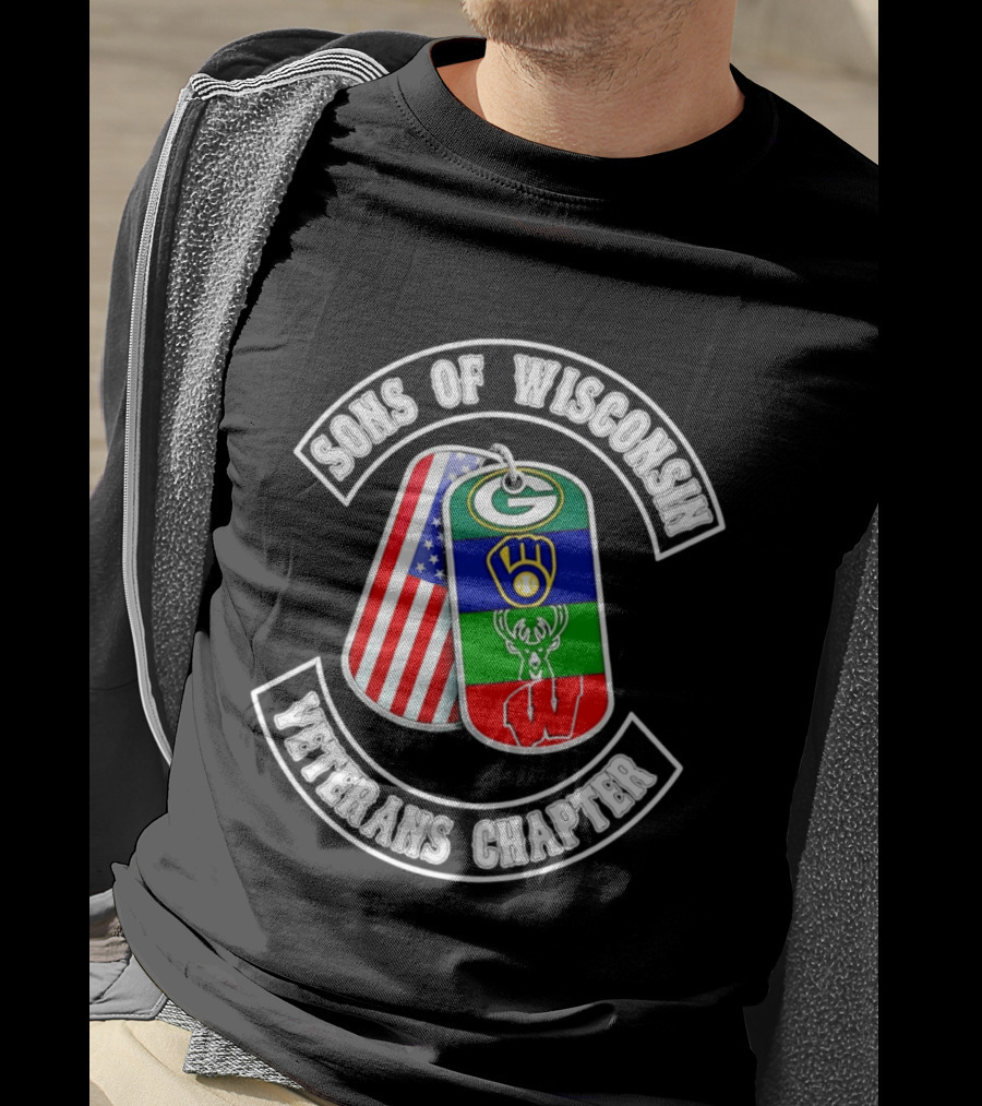 Sons Of Wisconsin Veterans Chapter Green Bay Packers Milwaukee Brewers Milwaukee Bucks Badgers American Flag Dog Tags T-Shirt