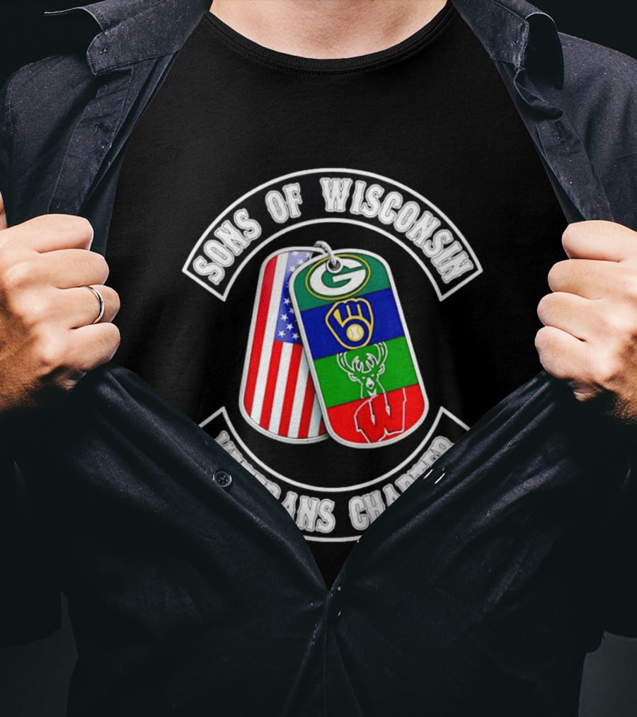 Sons Of Wisconsin Veterans Chapter Green Bay Packers Milwaukee Brewers Milwaukee Bucks Badgers American Flag Dog Tags T-Shirt