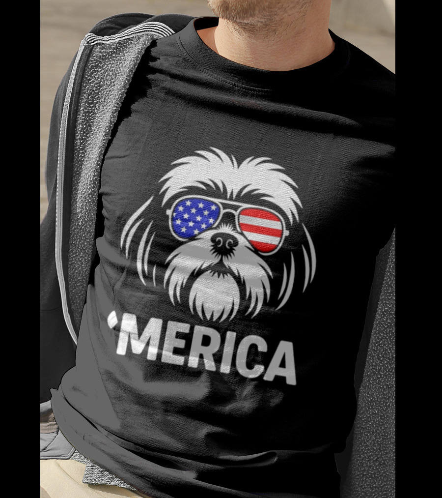 Shih Tzu Dog 'Merica American Flag Sunglasses T-Shirt