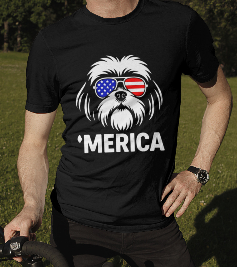 Shih Tzu Dog 'Merica American Flag Sunglasses T-Shirt