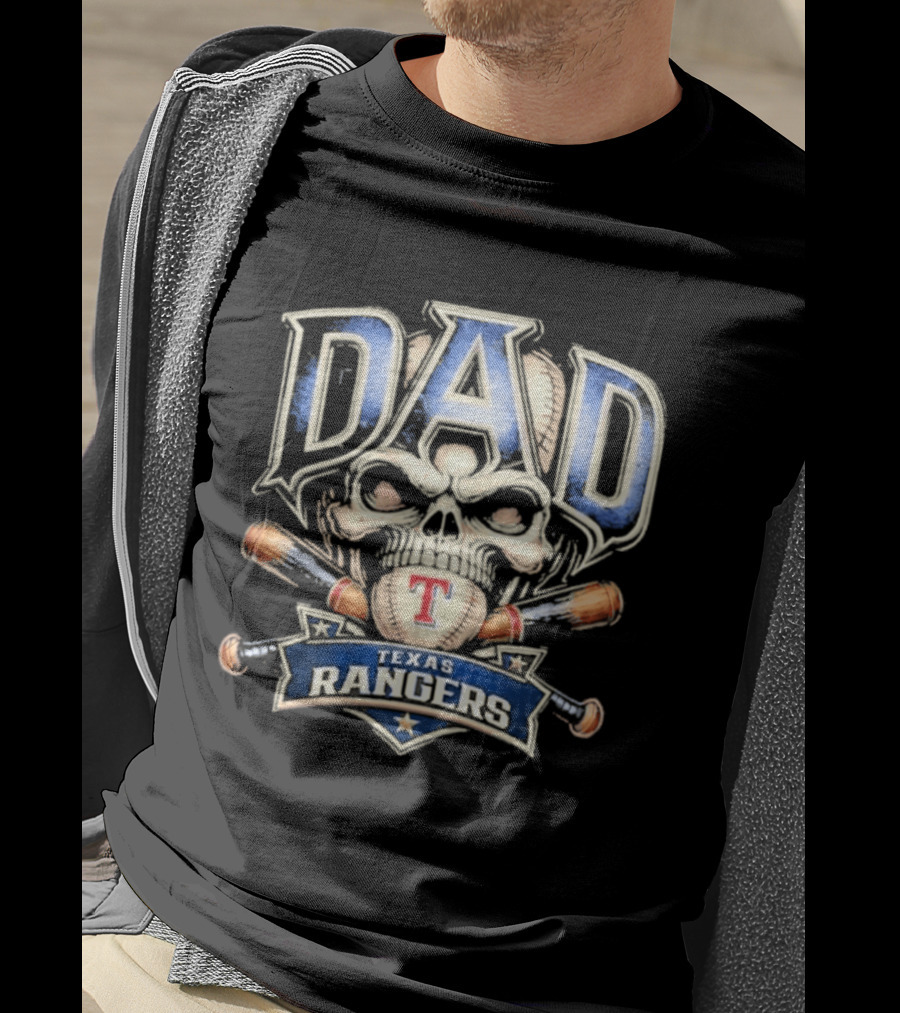 Dad Skull Baseball Crossed Bats Texas Rangers T-Shirt