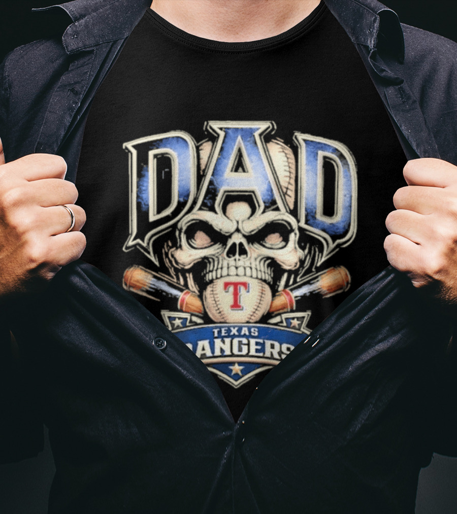 Dad Skull Baseball Crossed Bats Texas Rangers T-Shirt