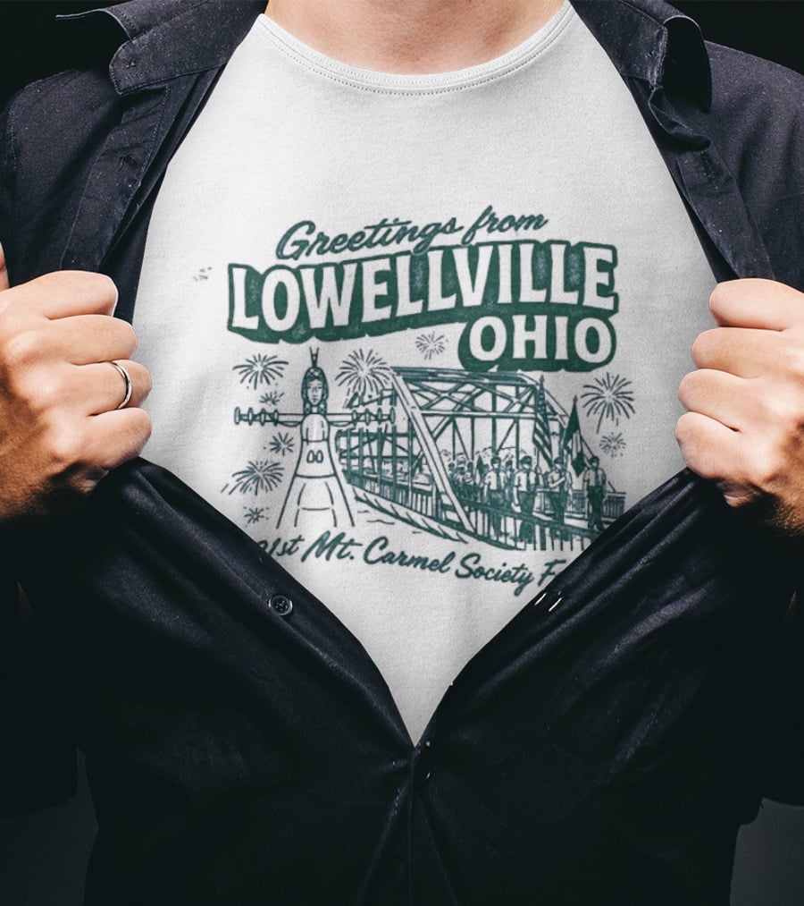 Greetings From Lowellville Ohio 131st Mt Carmel Society Festival Bridge And Bell T-Shirt