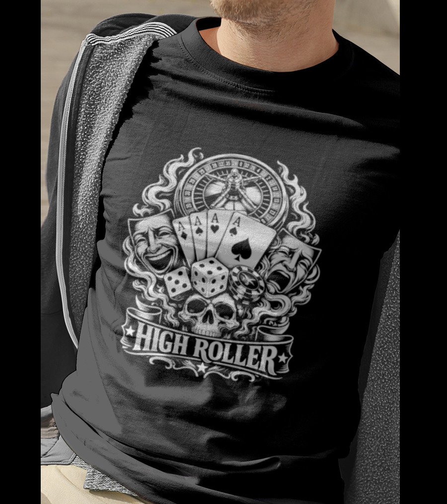 High Roller Roulette Cards Dice Skull Poker Casino Luck T-Shirt