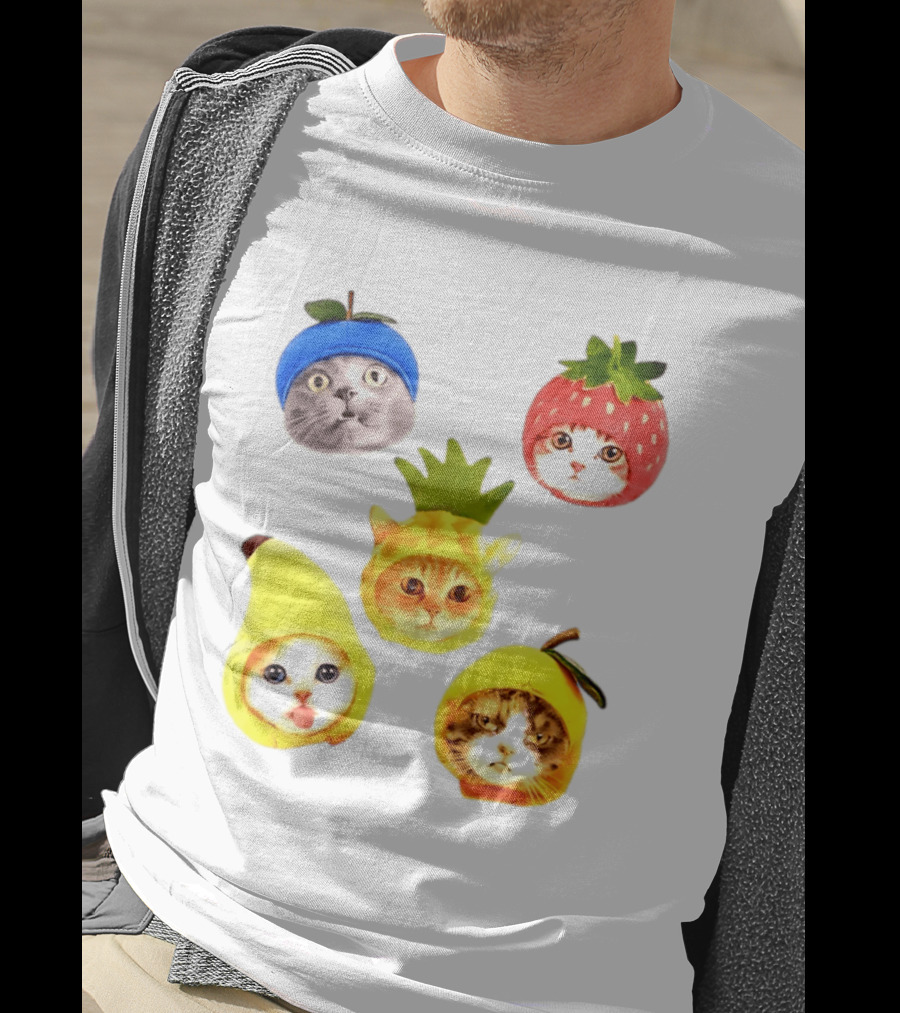 Whimsical Cats In Fruit Hats Blueberry Strawberry Pineapple Banana Apple T-Shirt