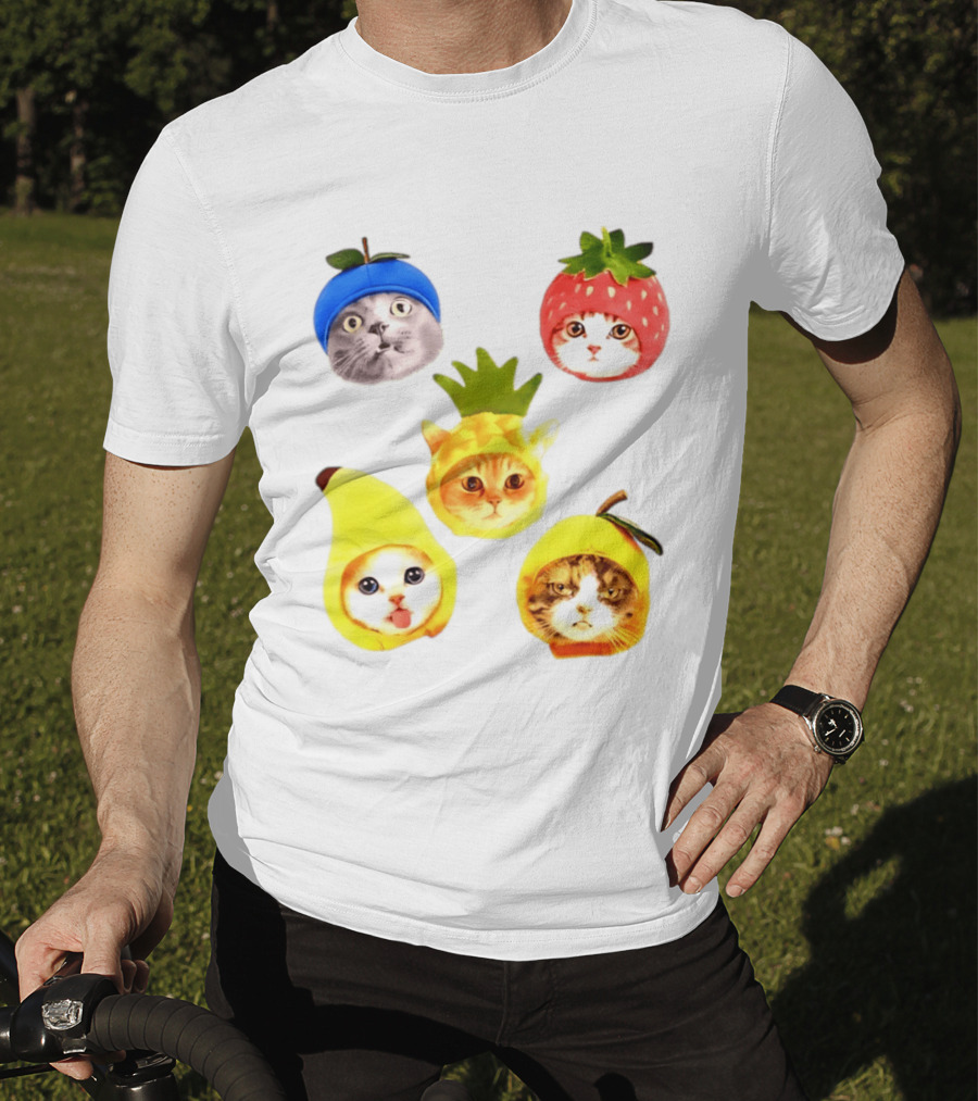 Whimsical Cats In Fruit Hats Blueberry Strawberry Pineapple Banana Apple T-Shirt