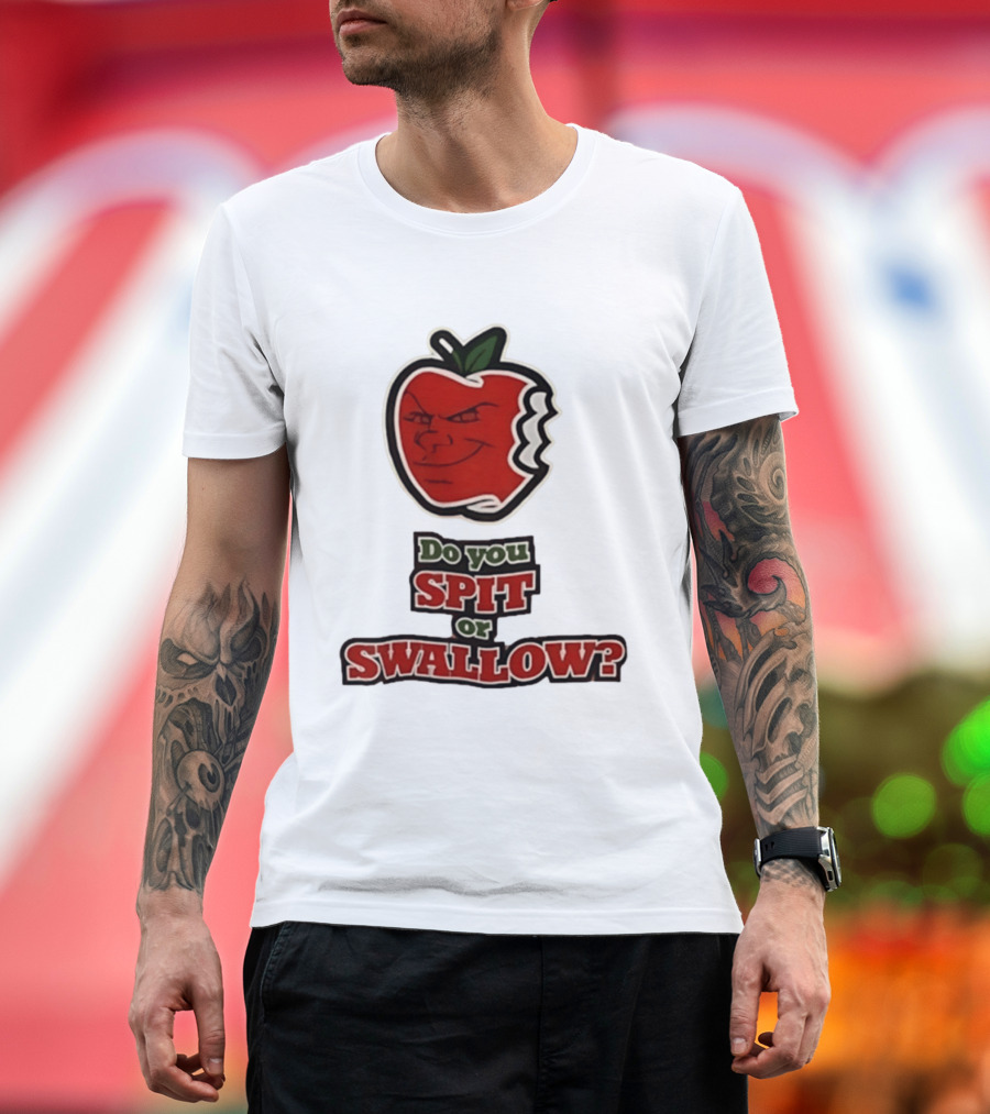 Do You Spit Or Swallow Question With Grinning Apple Bite T-Shirt