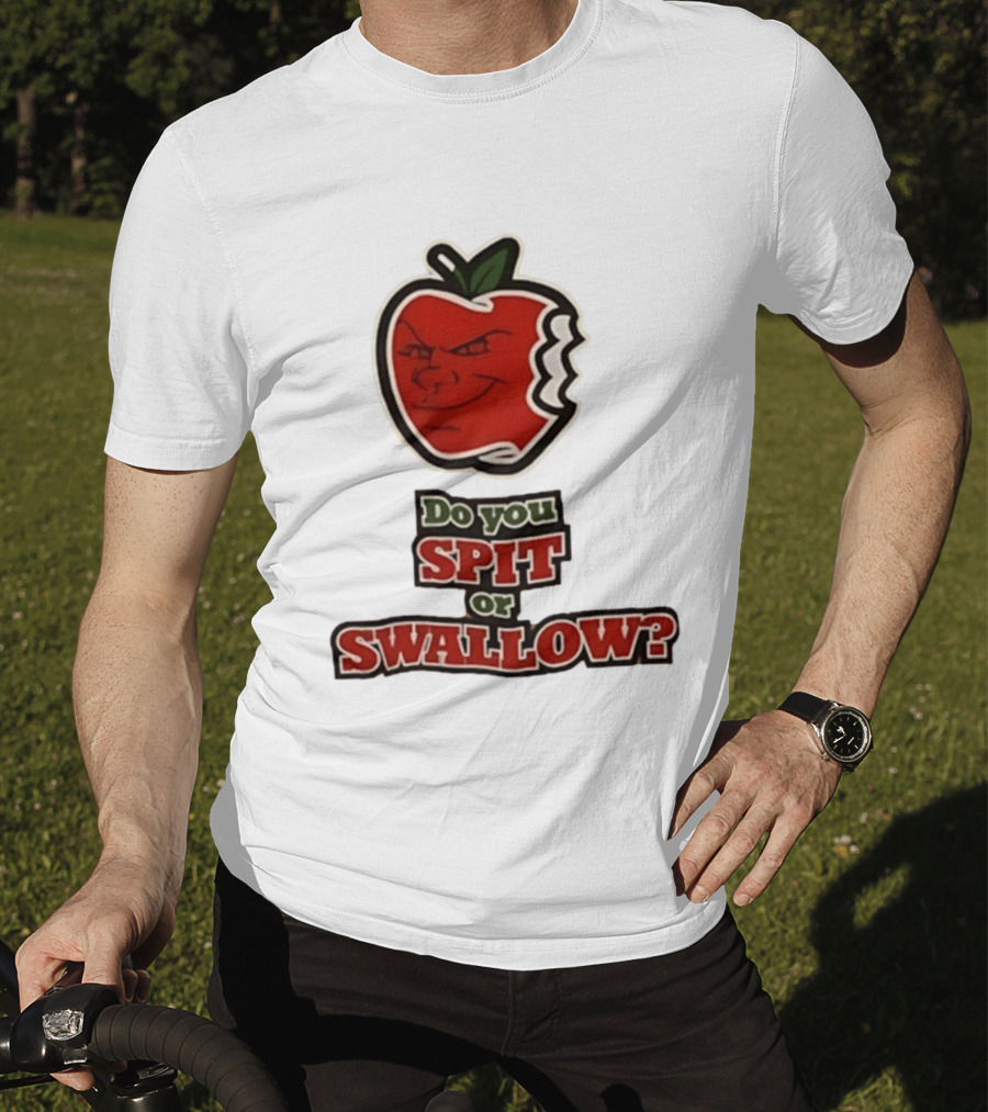 Do You Spit Or Swallow Question With Grinning Apple Bite T-Shirt