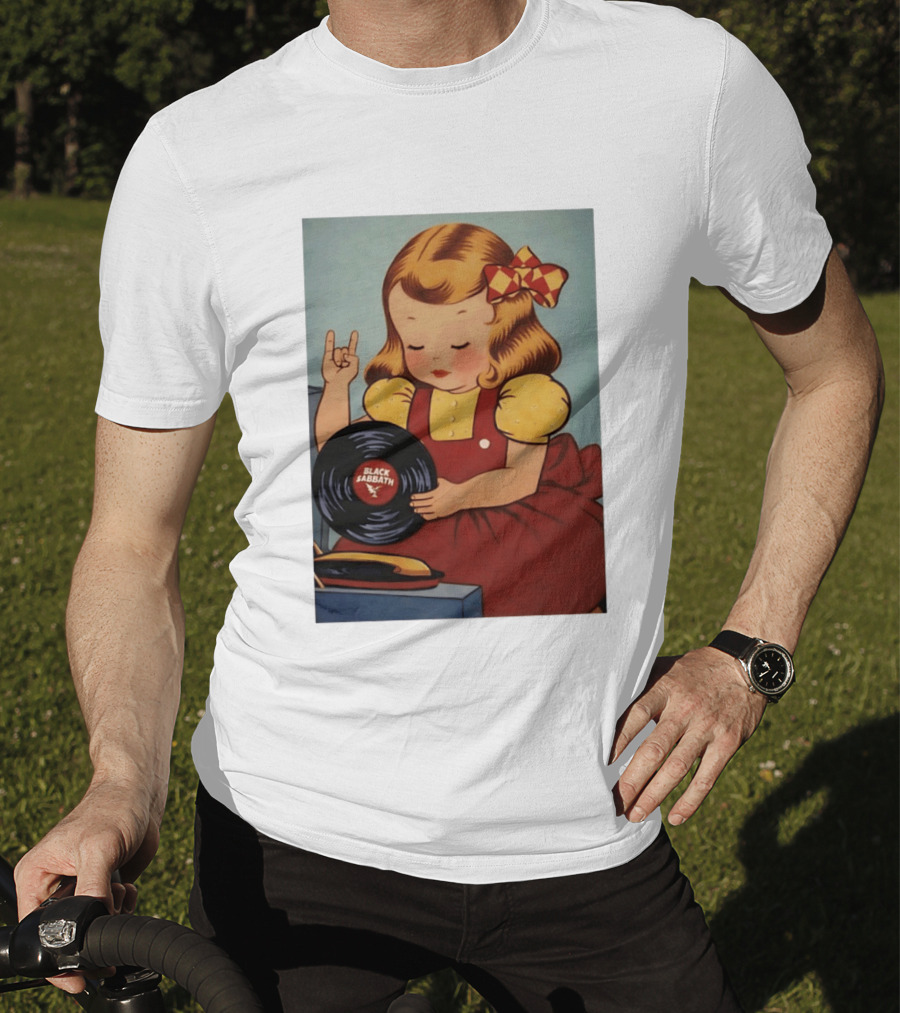 Girl Holding Black Sabbath Vinyl Heavy Metal T-Shirt