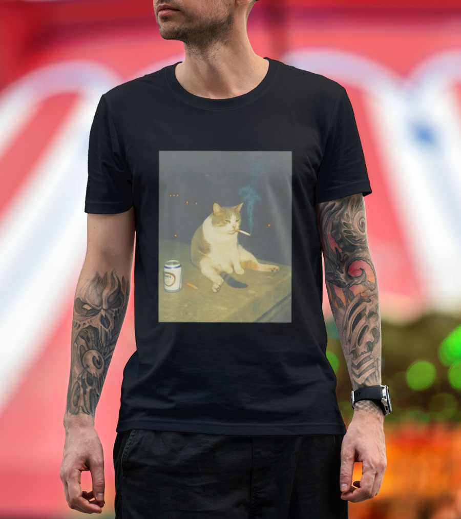 Depressed Cat Smoking Cigarette Meme With Beer Can T-Shirt