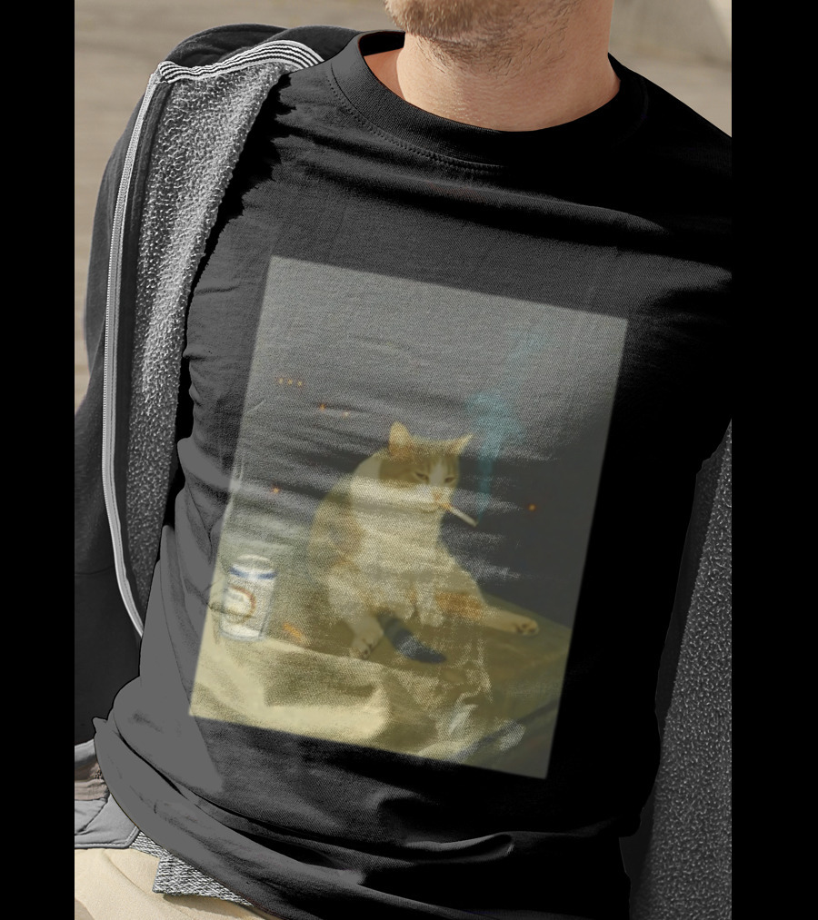 Depressed Cat Smoking Cigarette Meme With Beer Can T-Shirt