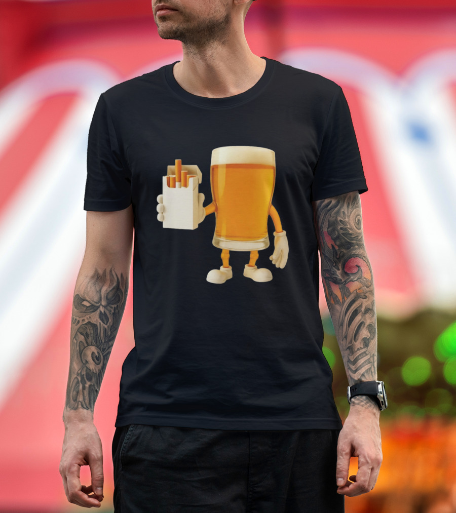 Beer Glass Holding Cigarettes Funny Drunk Cigs T-Shirt