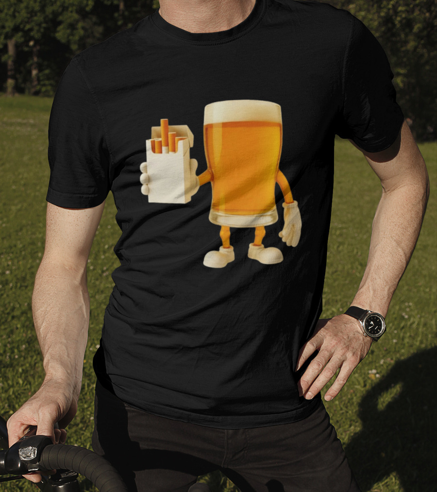 Beer Glass Holding Cigarettes Funny Drunk Cigs T-Shirt