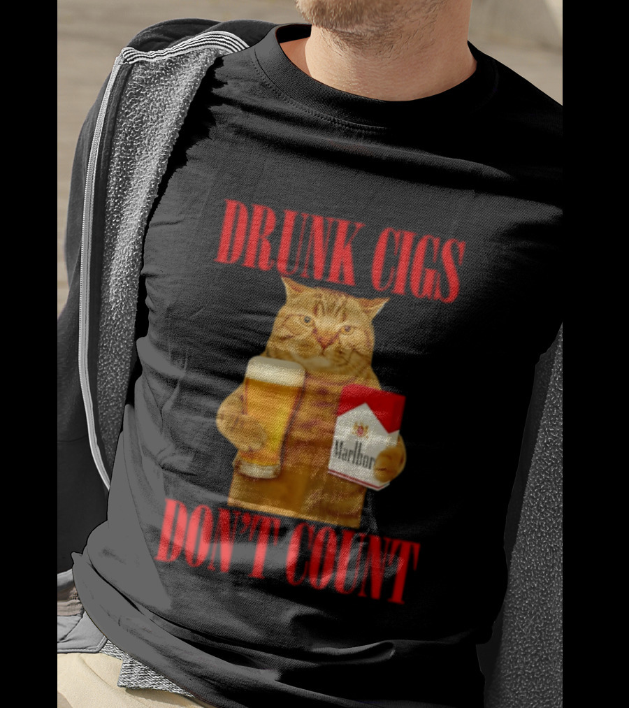 Drunk Cigs Don't Count Cat With Beer And Cigarette Pack T-Shirt