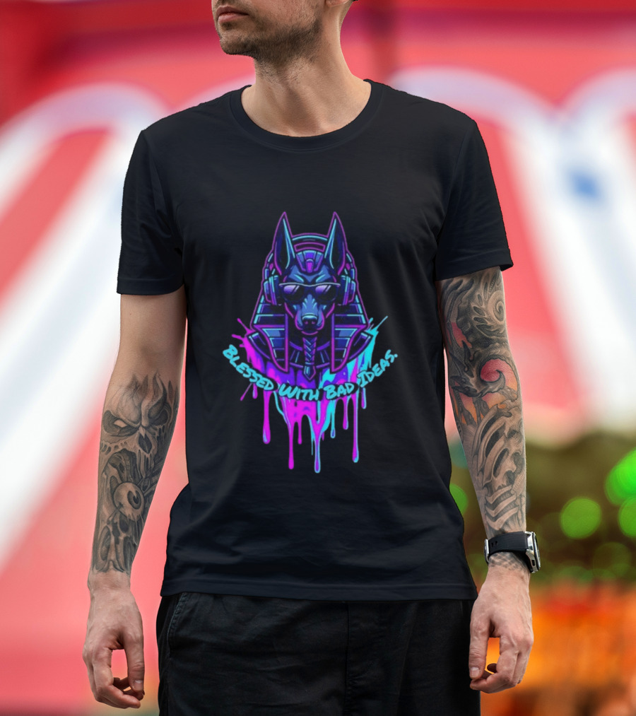 Blessed With Bad Ideas Anubis Headphones Neon Egyptian Mythology T-Shirt