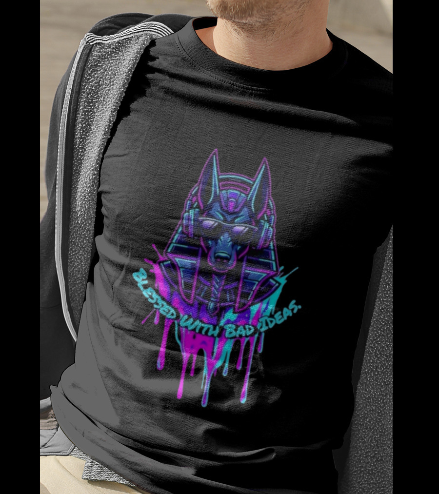 Blessed With Bad Ideas Anubis Headphones Neon Egyptian Mythology T-Shirt