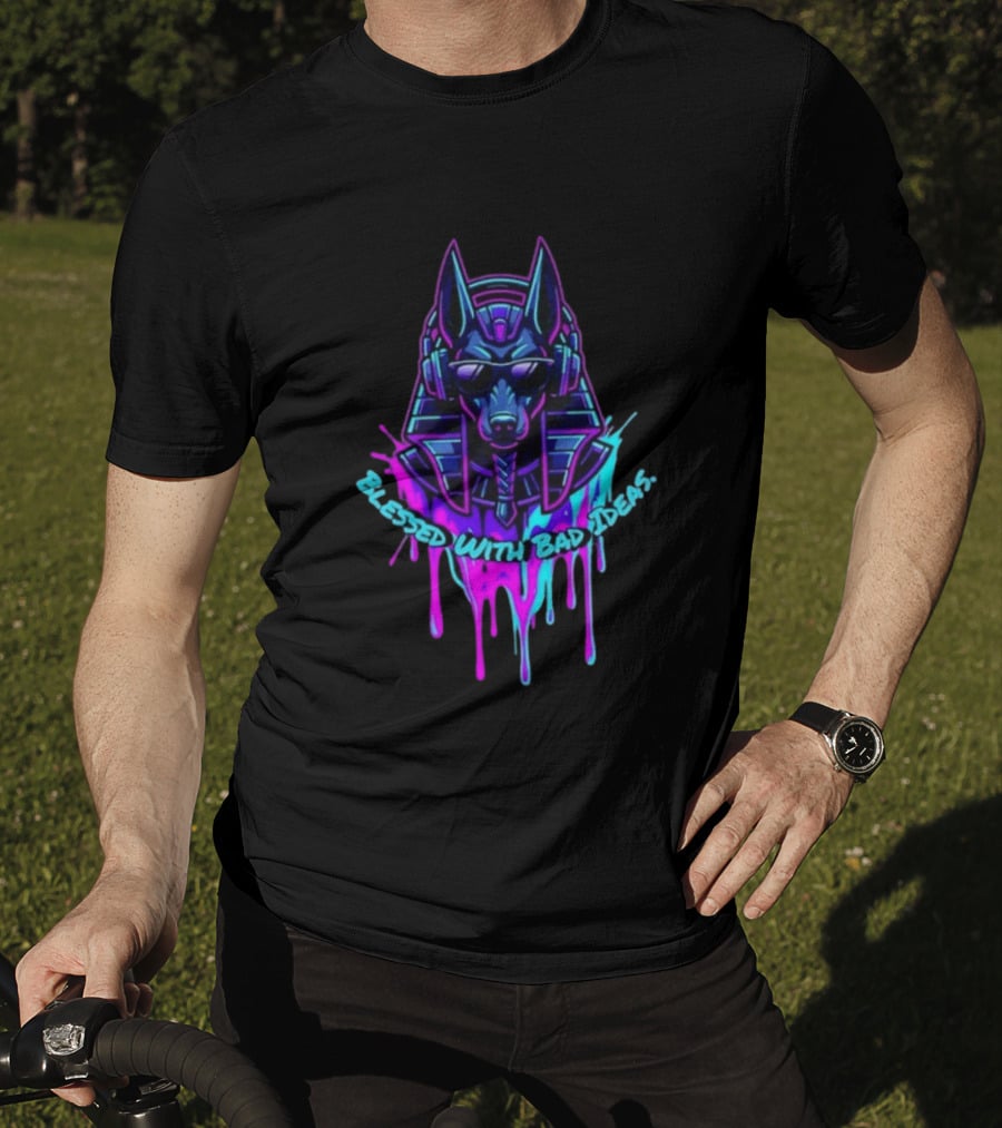 Blessed With Bad Ideas Anubis Headphones Neon Egyptian Mythology T-Shirt