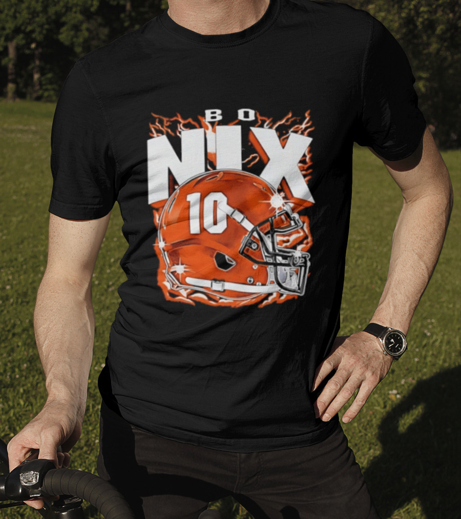 Bo Nix 10 Orange Football Helmet Flames T-Shirt