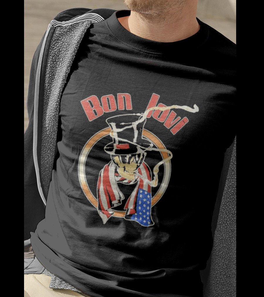 Bon Jovi American Skull With Patriotic Top Hat And Flag Scarf T-Shirt