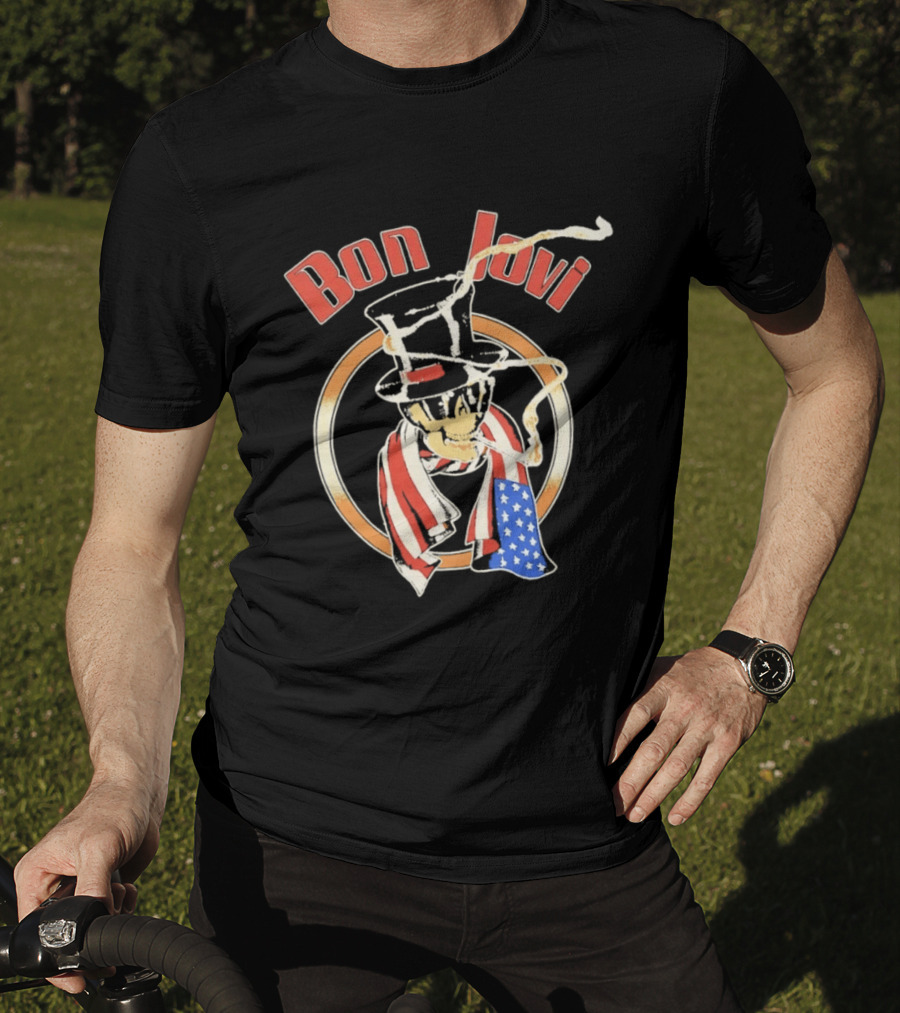 Bon Jovi American Skull With Patriotic Top Hat And Flag Scarf T-Shirt