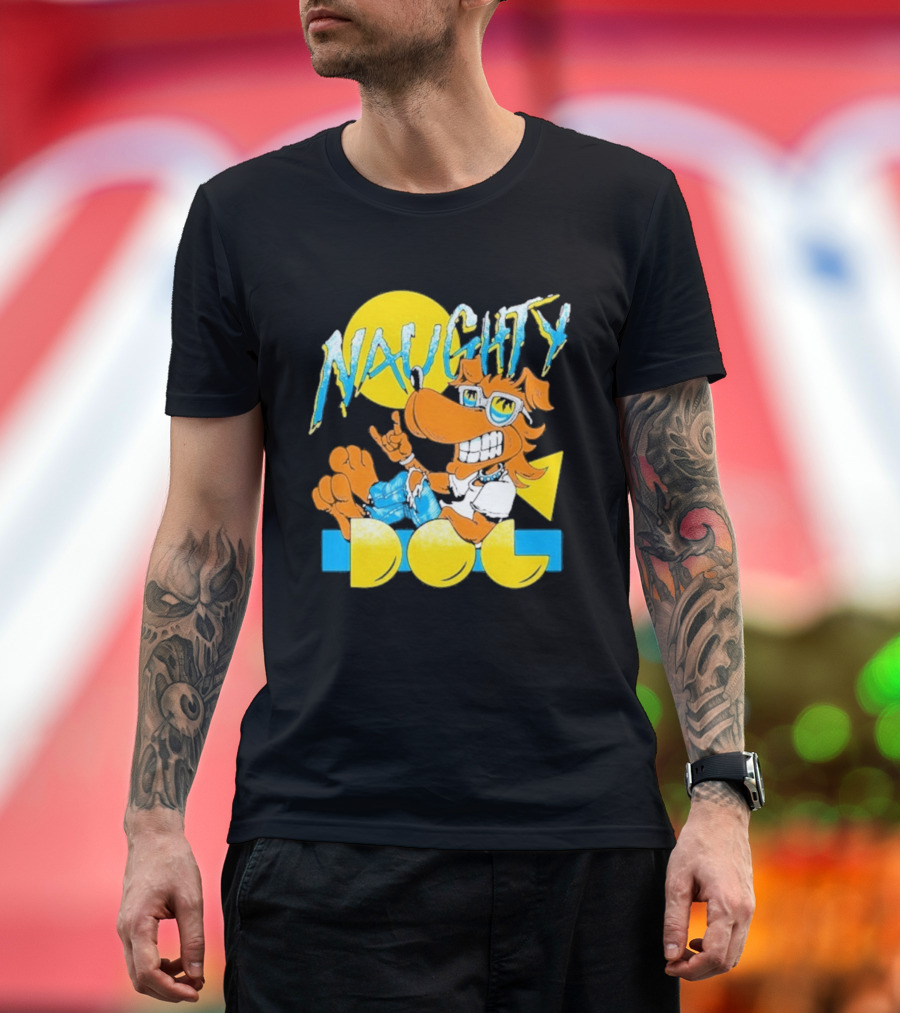 Naughty Dog Retro Cartoon Character With Sunglasses And Sunburst T-Shirt