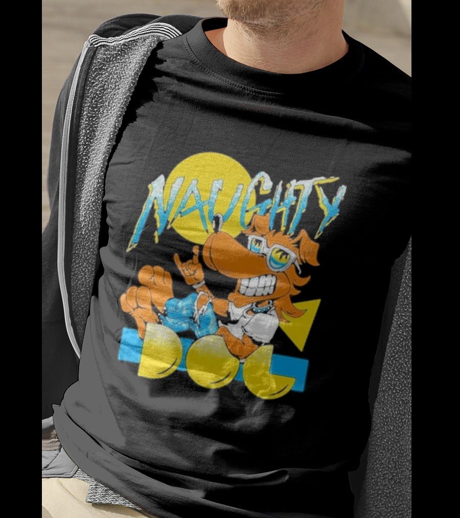 Naughty Dog Retro Cartoon Character With Sunglasses And Sunburst T-Shirt