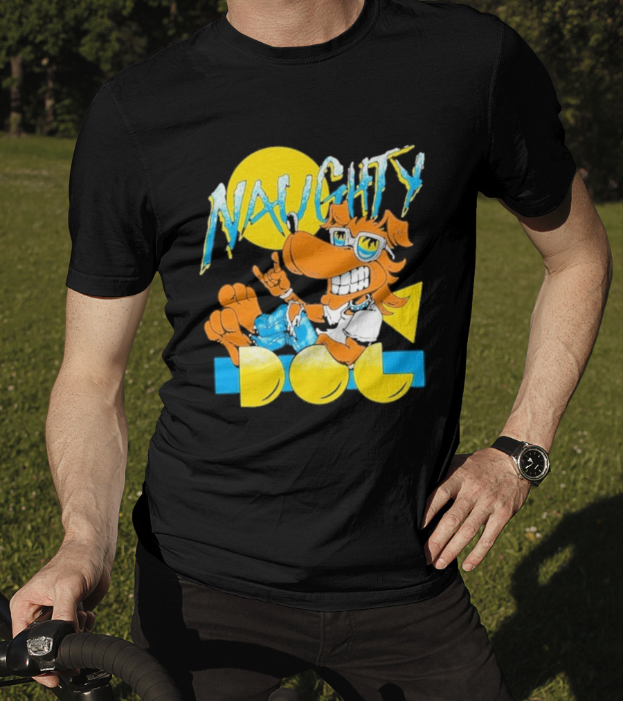 Naughty Dog Retro Cartoon Character With Sunglasses And Sunburst T-Shirt