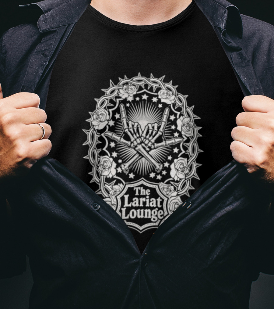 The Lariat Lounge Skeleton Hands Roses Thorns And Stars T-Shirt