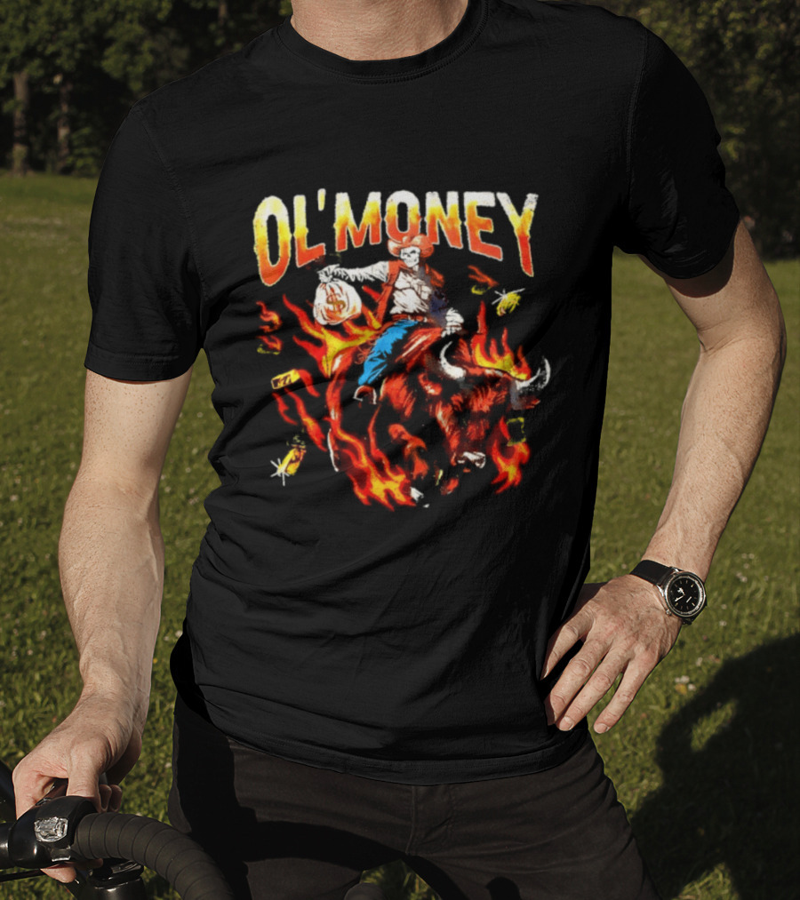 Ol' Money RSN Brand Skeleton Cowboy Riding Flaming Bull T-Shirt